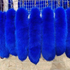 Wholesale 50Pcs/lot 40cm/16" Long Real Fox Fur Tail Keychain Dyed From Natural Blue Fox Tail Cosplay Toy Bag Pendant