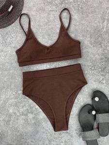 Kvinnors badkläder 4 färger ribbade vadderade höga midja bikini kvinnliga baddräkt kvinnor tvåstycken set bather baddräkt simning k3768