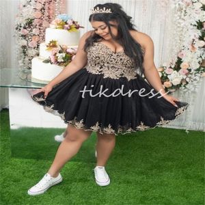 Vintage Plus Size Black Evening Kleid mit goldenen Applikationen Schatz eine Linie Mini kurze Abschlussballkleider sexy Cocktail Graduation Party Kleid 2024 Schwarze Mädchen Formalkleid