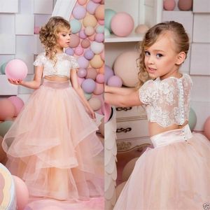2020 Vestidos Primera Comunion Tvådel bollklänning Flower Girl Dress Lace Toddler Glitz Pageant Dresses Pretty Kids Prom Gown 284T