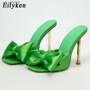 Dress Shoes New Novelty Silk Butterfly-knot Women Slippers Plated Heels Square Toe Party Slip On Stiletto Slides H2404038XF1