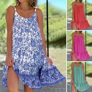 Casual Dresses Women Beach Dress Liten Flower Print Loose A-Line Sleeweless Hawaii Patchwork Soft U Neck Kne Längd Plus Size Lady Semester