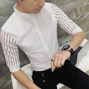 Men's Dress Shirts See Through Shirt Men Black White Prom Lace Fashion Designer Slim Fit Camisa Social Masculina