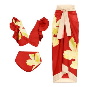 Set di vneck stampato rosso raccolto con costume da bagno increspato a vita spalancata a vita alta sexy bikini slim wollow women women allacciata su gonna da spiaggia