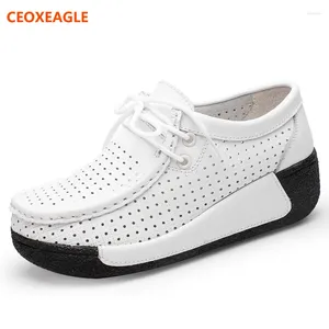 Casual Shoes 2024 Summer Women Flat Platform Loafers Breat Ladies Genunie Leather Hollow Shoe Lace Up Flats Moccasins Creepers