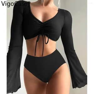 Frauen Badebekleidung Vigocasey 2024 Solid sexy Frauen hoher Taille geschnittener Bikini Set v Hals Push Up Badeanzug Mesh Langarm Sommerbadeanzug