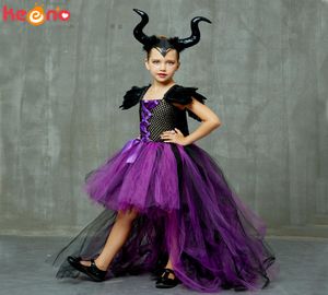 Halloween Maleficent Evil Dark Queen Meninas Tutu Vestido com Chifres Bruxa Malvada Crianças Cosplay Festa Vestido de Baile Traje Fantasia Roupas 22899595