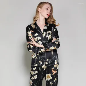 Hemkläder Birdsky 1Set Women Pyjamas Pijamas Pyjama Set Nightwear Långärmad sömnkläder V Neck Mulberry Silk Satin Floral S-323