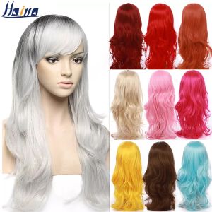 Wigs HAIRRO Long Curly Wavy Wine Red Wig With Bangs Synthetic Hair Wigs Ombre Color Lolita Wigs With Bangs Colorful Fiber Hair