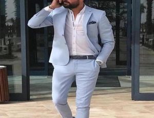 Sky Blue Linen Beach Men Suits 2021 Summer 2 Piece Slim Fit Groom Tuxedo for Wedding New Male Fashion Jacket with Pants4396201