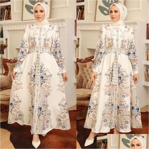 Ethnic Clothing Elegant Muslim Women Shirt Dress Morocan Kaftan Long Sleeve Turkey Dubai Print Abaya Islamic Arab Gown Vestido Dresses Dhgcf