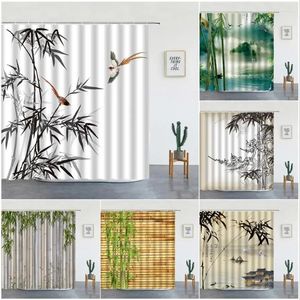 Cortinas de chuveiro Birdas de bambu tinta Cortina de banho em estilo chinês Decoração de banheiro à prova d'água Decoração de banheira de banheira com ganchos