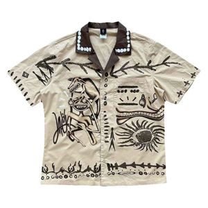 Contrast Color Lapel Casual Simple Short-sleeved Shirt Mens Summer Street Retro Cartoon Hand-painted Graffiti Print Hiphop Top 240321