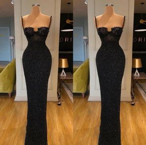 2020 Glitter Sheath Evening Dresses Sequins Spaghetti Beaded Black Floor length Formal Party Gowns Custom Made Long Prom Dress8387931