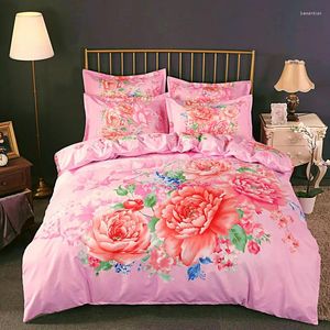 Bedding Sets 4pcs Bedsheets Set With Pillows Case Linens 2 Bedrooms Pink Flowers Double Sheets Duvet Cover Twin Size King Seater