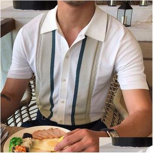 Polos masculinos Mens S 2023 Stripe Men T-shirt Bussiness Colar Knit algodão de manga curta