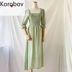 Casual Dresses Korobov Women Flare Sleeve Ruffles Square Collar Chiffon Dress Mesh Pullover Elastic Slim High Waist Voile Vestidos 78484