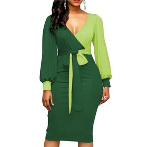 Kvinnliga mode Sashes Sexy Office Lady Work Dress Lång ärm Djup V Neck Kontrast Färgskjorta klänning 2018 Winter Women Dress XXL MX1496682