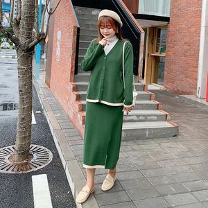 Work Dresses Women Set 2 Piece Knitted Sweater Cardigan Top Skirt Long Sleeve V Neck Ladies Knit Two Female Sweaters Suit OS247