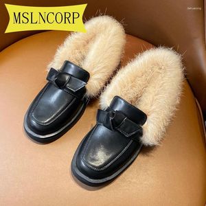 Casual Shoes Plus Size 34-46 Winter Woman Black Leather Fur Fluffy Warm Slip-On Solid Square Toe Loafers Women Soft Ballet Flats