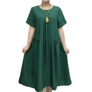 Vestidos casuais Confortável vestido A-line elegante feminino de verão Midi com mangas curtas de pescoço O com bolsos para férias de trabalho