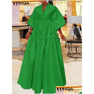 Womens Plus Size T-shirt 5xl Vonda Women Maxi DR 2023 Summer Elegant Solid Lanter Sleeve LG Shirt Sundr Casual Loose Ruffled Vestidos DHMVT