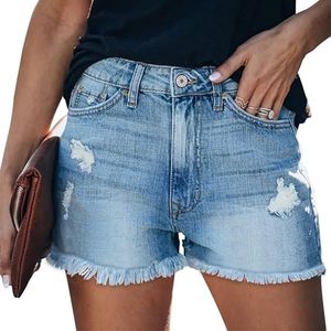 Jeans feminino de verão casual rasgado jeans jeans jeans curtos quentes e angustiados