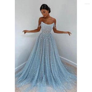 Party Dresses Aleeshuo Gorgeous Sky Blue A-Line Prom Shiny Applices Beading Strapless Graduation Evening Dress