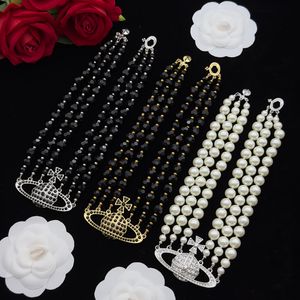 New Three row pearl bas relief choker necklace Saturn Planet pendant women Clavicle Chain diamonds pearl Necklaces Designer Jewelry N0224
