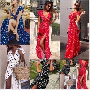 Womens Summer Short Sleeve V-neck Low Cut Printed Polka Dot Dress