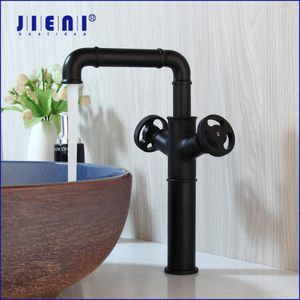 Bathroom Sink Faucets JIENI Matte Black Basin Faucet Solid Brass Deck Monuted Industrial Unique Design & Cold Water Mixer Tap