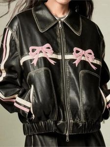 Kvinnorjackor Bow Motorcykel PU Läderjacka Fashion Women dragkedja Polo-hals söt cool kappa vintage överdimensionerad kvinnlig topp