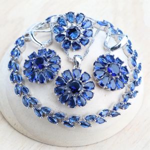 925 Серебряные ювелирные наборы для женщин Свадебные серьги из синего циркона кольца кольца шарм браслеты подвесной колье, свадебные дамы 240401