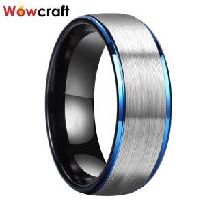 Bands 8mm Blue Black Tungsten Wedding Rings for Men Comfort Fit Stepped Edges Wedding Bands Jewelry Black Matted Finish