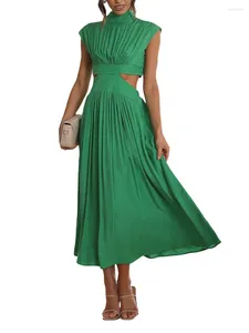 Casual Dresses Women Pleated Maxi Dress Mock Neck Sleeveless Cut Out Long Flowy Elegant Cocktail Party Formal