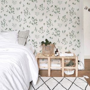 Hand-painted watercolor Leaves wallpaper Belle Jade in Green Colors, Scandinavian Wallpaper, Fresh Wallpaper