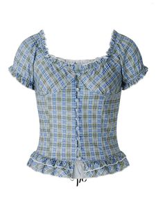 Kvinnors T -skjortor Kvinnor Plaid Crop Top Sweetheart Neck Low Cut Y2K Kort ärm Slim Fit Vintage Eesthetic Fairy Blus