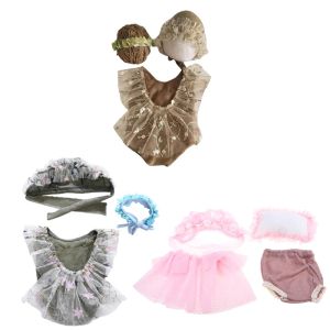 Photography 4 Pcs Newborn Photography Props Suit Lace Romper Hat Pillow Headband Set Outfits