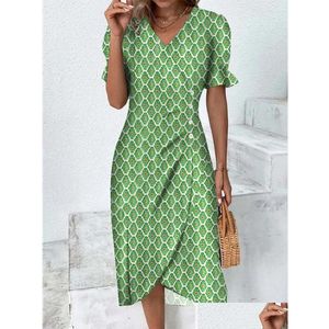 Urban Sexy Dresses Party Boho Long Dress Women Vintage Print Female Fashion V Neck Kort ärm damer Irregar Button Elegant Slim Dr Dhqjg