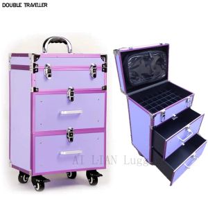 Makeup Trolley Box Trolley Cosmetic Box, Nail Tattoo Rolling Bagage, Makeup Case, Beauty Travel Suitcase Purple, Rose Gold Bag