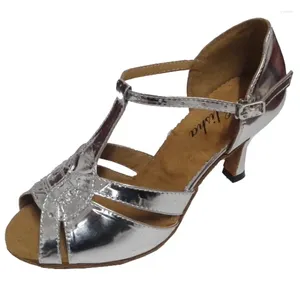 Tanzschuhe Elisha Schuh benutzerdefinierte Ferse T-Bar-Gurt Frauen Silber Farbe Lateinische Salsa Open Toe Party