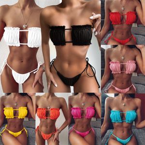 Kobiety solidne kantarne bikini zestaw plisowany pusty trójkąt seksowny stringi dwupoziomowe kostium kąpielowy kostium kąpielowy plus rozmiar xs-2xl