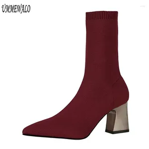 Botas Mulher Apontou Toe Stretch Sock Mulheres Moda Sapatos de Salto Alto Tornozelo Comprimento Inverno Senhoras 336-7