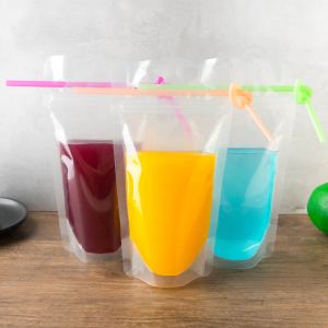Garrafas de água bebem embalagens de embalagem tiro de alta transparente suco de suco de leite de leite saco de soja sacola de bolsa descartável auto -selada com palha zz