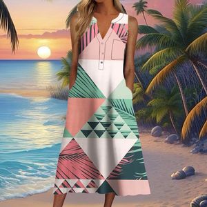 Casual Dresses Summer Tank Long Dress Women V-Neck ärmlös knapp Maxi Fashion Ladies Pockets A-Line Bohemian Printed