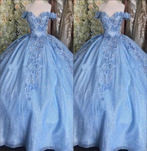 2023 Bling Tiulle Bahama Blue Quinceanera Sukienki balowe z ramion 3D kwiaty kryształowe gorset z tyłu koronkowy Prom Graduation 4276643