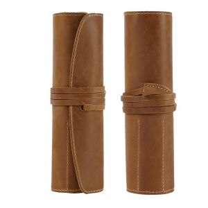 Väskor Vintage Retro Roll Leather Pen Pouch Holder Pencil Penn Pen Case For Rollerball Fountain Ballpoint Pen