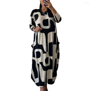 Casual Dresses Dress Stylish Women's Color Matching Print Maxi With Long Sleeves A-line Silhouette Pockets Plus Size O Neck For A