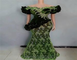 Hunter Green Lace Aso Ebi Evening Gowns Short Sleeves Puffy off shoulder Mermaid Women African Plus Size Prom Dresses Appliques5346147