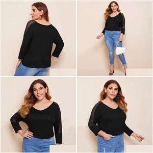 نساء بالإضافة إلى حجم تي شيرت شبكة مترقع الصيف ربيع أنيقة أعلى نساء y v-neck أسود خارج الإناث الإناث الكبير بلوزة كبيرة 7xl 23gj dro dhdam